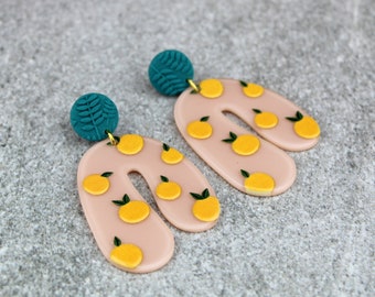Clementine Earrings, Orange Earrings, Orange Fruit Earrings, Statement Orange Earrings, U-Shaped Statement Earrings, Pink Arch Drop Earrings