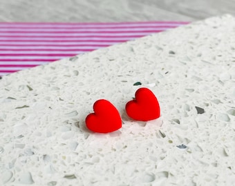 Red Heart Earrings: Love Hearts Studs, Anniversary Gifts, Lightweight Polymer Clay Jewellery, Romantic Gifts