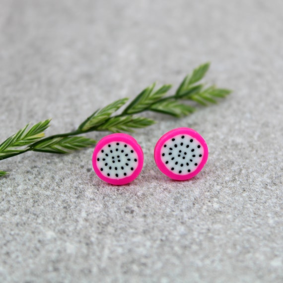 Dragonfruit Stud Earrings: Polymer Clay Fruit Inspired Novelty Studs, Spring Birthday Gift