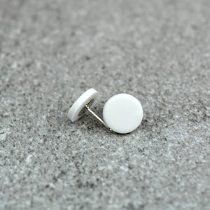 Minimalist White Circle Studs: Handmade Simple White Dot Polymer Clay Earrings, Sterling Silver