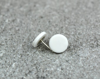 Minimalist White Circle Studs: Handmade Simple White Dot Polymer Clay Earrings, Sterling Silver