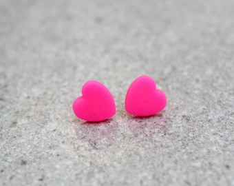 Neon Pink Heart Earrings: Love Hearts Studs, Anniversary Gifts, Fluorescent Pink Jewellery