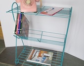 Vintage Mid Century Eames Style Metal Wire Plant Stand Phonograph Record Player Table Magazine Rack Aqua Turquoise