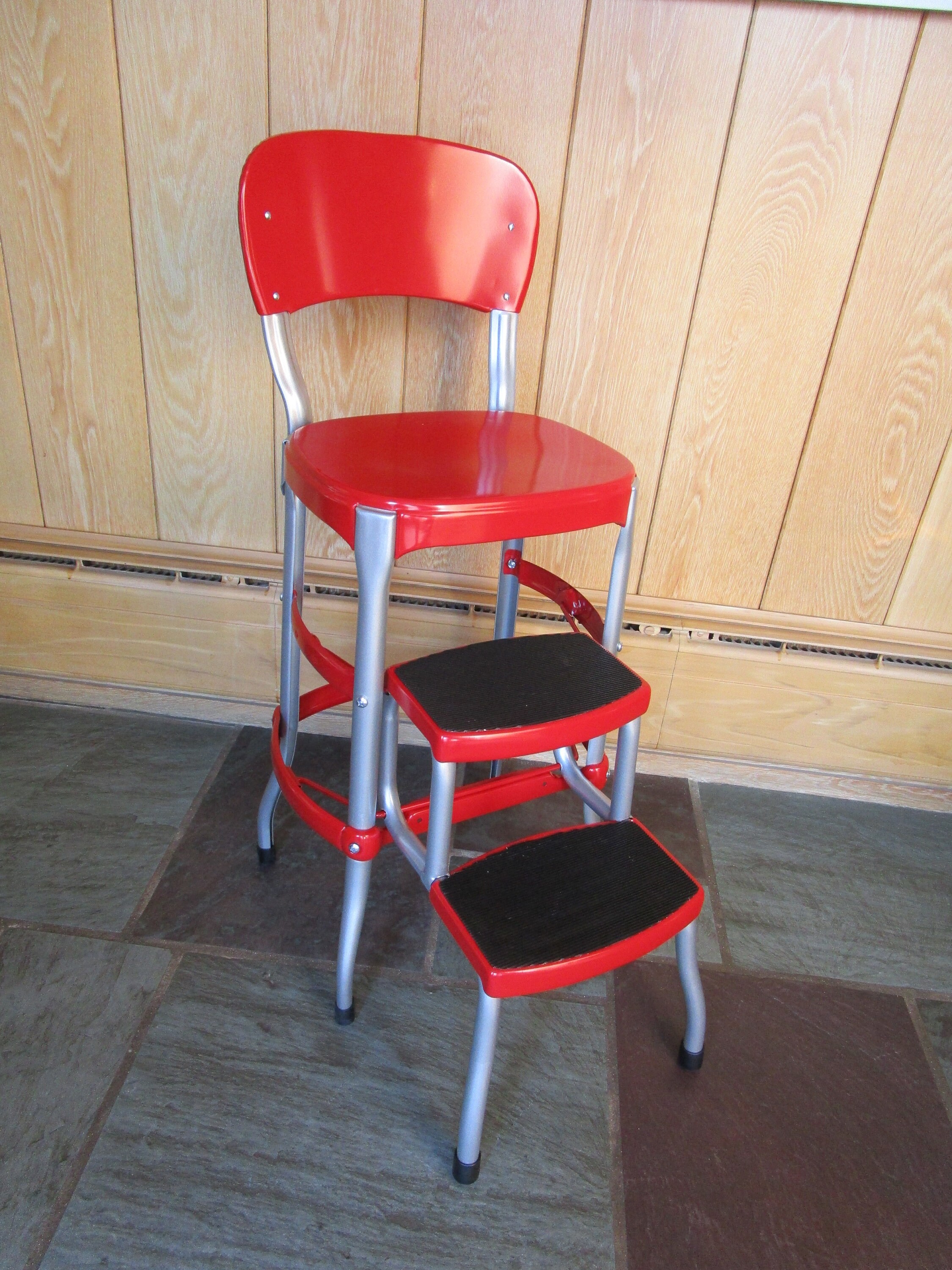 New red vintage kitchen retro outlet chair bar step stool metal