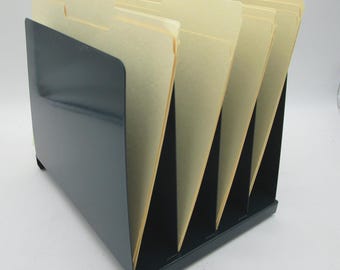 Vintage Metal Desk File Organizer: Mid Century Dark Teal Green Powdercoat Paper Tray