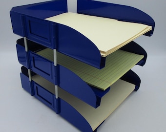 Vintage Three-Tier Industrial Desk File Organizer, Bright Blue Powder Coat