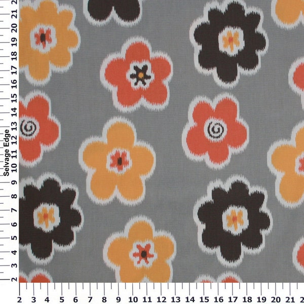 Ikat Orange Flowers Fabric, Retro Fabric Coral, Gray/Orange/Brown/White Fabric, DecorativeFabric, Home Decor Fabric, 36'' Length, 45'' Width