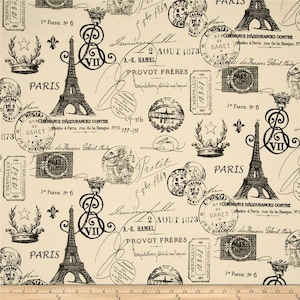 Drapery Fabric, ParisFabric, Upholstery Fabric, EiffelTower Fabric, Black/Natural FrenchScript Fabric, Document, Fabric Yard/Half Yard