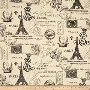 Drapery Fabric, ParisFabric, Upholstery Fabric, EiffelTower Fabric, Black/Natural FrenchScript Fabric, Document, Fabric Yard/Half Yard