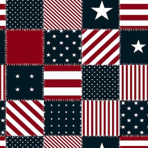 May include: A patchwork quilt design featuring various red, white, and blue patterns, including stars, stripes, and polka dots. The quilt is made up of squares sewn together to create a cohesive design.