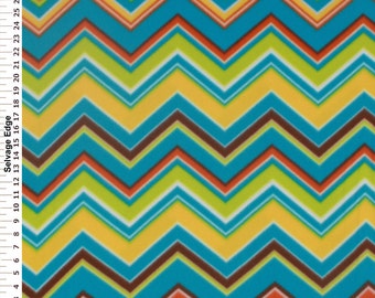 Chevron Fleece Fabric, Zigzag Retro Fabric, Decorative Fabric, Turquoise, Coral-Orange/Mustard-Yellow/Green, Fabric Yardage, 58/60'' Width
