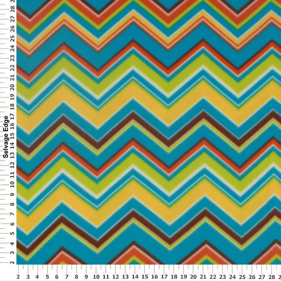 Chevron Fleece Fabric, Zigzag Retro Fabric, Decorative Fabric, Turquoise, Coral-Orange/Mustard-Yellow/Green, Fabric Yardage, 58/60'' Width