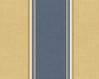 May include: Striped fabric with alternating bands of beige and blue. The fabric has a subtle texture.