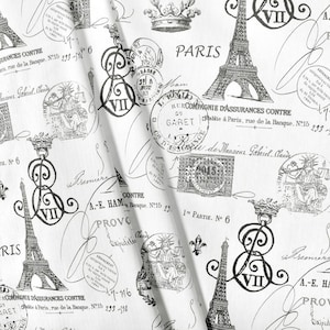 Drapery Fabric, Upholstery Fabric, Paris Fabric, EiffelTower Fabric, Charcoal/Grey Black FrenchScript Fabric, Document, Fabric By The Yard