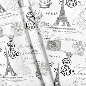 Fabric Sample, Upholstery Fabric, Drapery Fabric, Paris Fabric, Charcoal Gray, Eiffel Tower, French Script Fabric, French Stamp /Document