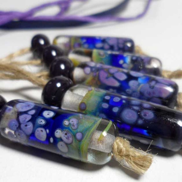 Lampwork. Glass bead handmade. Beads blue, cobalt, navy blue, violet, purple, plum, green.