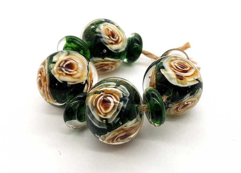topaz 3d flowers Lampwork glass beads handmade Beads supplies jewelry Beads for jewelry making Set beads SRA Murano Beads green beige