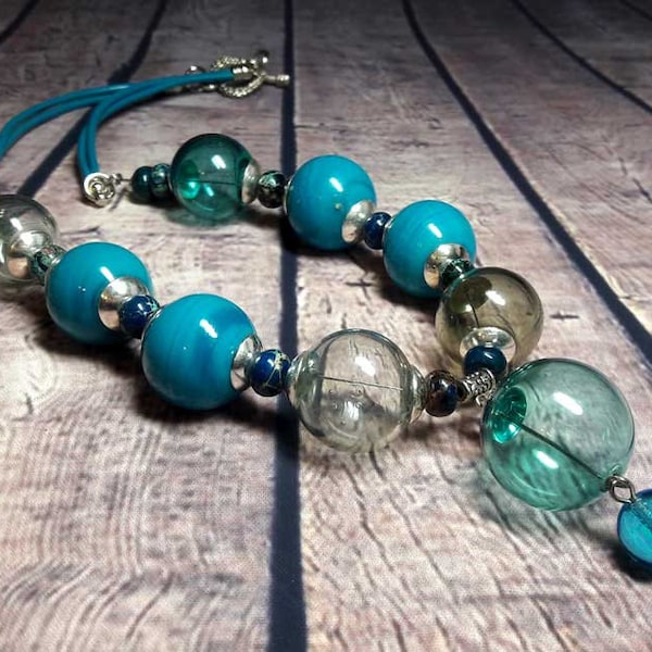 Lampwork Necklace Murano beads Lampwork beads handmade Lampwork Jewelry  Hollow balls leather cord Beads aqua gray turquoise dark turquoise.