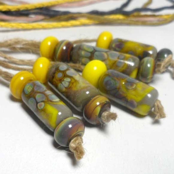 Lampwork. Glass bead handmade.Beads yellow, lemon yellow, brown, gray, marsh.