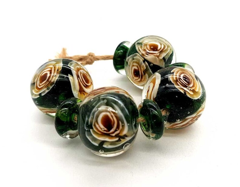 topaz 3d flowers Lampwork glass beads handmade Beads supplies jewelry Beads for jewelry making Set beads SRA Murano Beads green beige