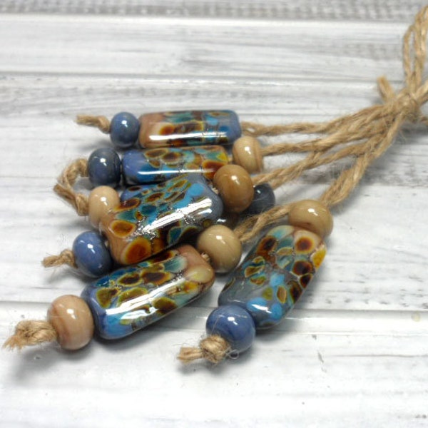 Lampwork.Glass bead handmade. Beads khaki, gray, brown, aquamarine, turquoise.