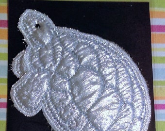 SILVER LAMÉ TURTLE applique, designer handcrafted, hand-stitched, customizable