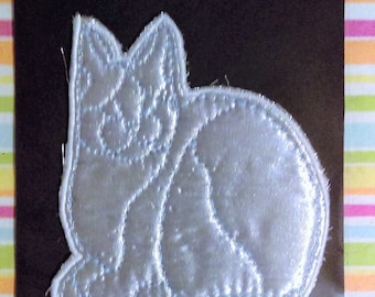 SILVER LAMÉ CAT applique, designer handcrafted, hand-stitched, customizable