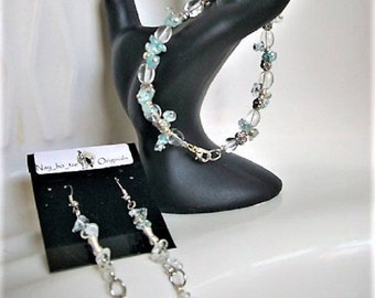 AQUAMARINE and CLEAR QUARTZ designer handcrafted, bracelet and earrings, healing, lithotherapy