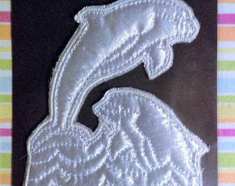 DOLPHINS applique in SILVER LAMÉ ,  designer handcrafted, hand-stitched, customizable, ready for application to your project