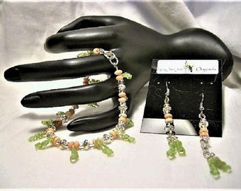 PERIDOT AND CORAL designer handcrafted, bracelet and earrings,  healing, lithotherapy