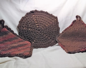 EARTHBROWN KITCHEN trio, OOAK designer handcrafted, 2 cotton potholders with hot pad