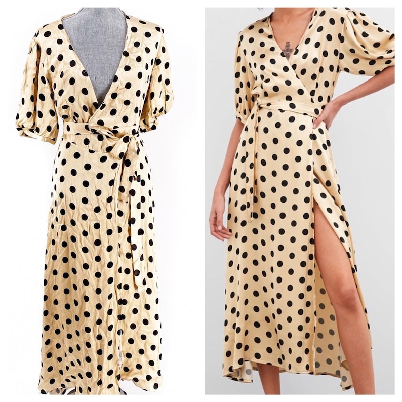 Zara Polka Dot Satin Wrap Dress Puff Sleeve Gold M Etsy