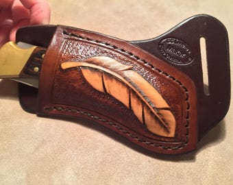 Custom Right Hand Cross Draw Leather Knife Sheath for a Buck 110 or Buck 112 pocket Knife. Sheath ONLY!