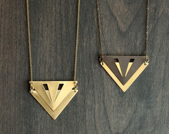 Layered Geometric Necklace, Triangle Necklace / ART-DECO AMULET Necklace / Triangle Statement Necklace Brass Gold Necklace / Bohemian Fringe