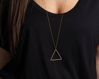 LARGE BRONZE TRIANGLE Necklace, Minimal Bronze Triangle Pendant Necklace, Unisex Mens Necklace, Simple Long Necklace, Bohemian Fringe