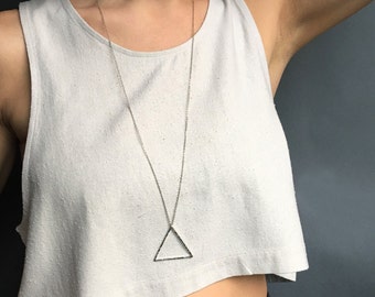 Large SILVER TRIANGLE Necklace / Silver Triangle Necklace /Unisex Mens Necklace / Geometric Pendant Necklace / Bohemian Fringe