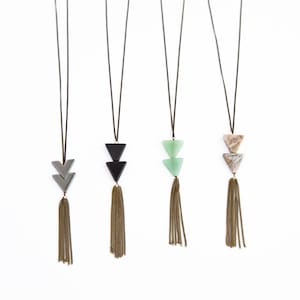 TRIANGLE TASSEL NECKLACE, Triangle Stone Necklace, Long Fringe Triangle Necklace, Geometric Necklace image 1