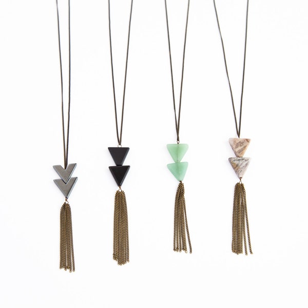 TRIANGLE TASSEL NECKLACE, Triangle Stone Necklace, Long Fringe Triangle Necklace, Geometric Necklace