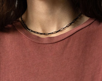 BLACK PAPERCLIP NECKLACE  / Simple Matte Black Chain Necklace, black chunky paperclip necklace, paperclip chain mens choker, Bohemian Fringe