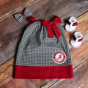 Alabama Crimson Tide Pillowcase Dress Outfit Newborn baby toddler child girls infant houndstooth dark red white newborn pictures birthday