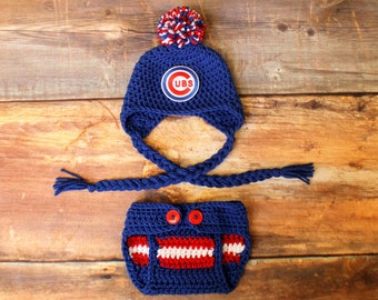 Chicago Cubs Hat / Diaper Cover Outfit - Newborn Baby Toddler Child Kids stocking hat earflap hat infant knit cap Cubbies photo prop