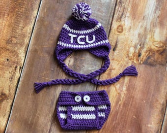 TCU Stocking Hat and Diaper Cover Outfit - Newborn Baby Toddler Infant Child Texas Christian Horned Frogs hat kids stocking hat