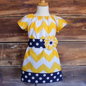 Easter Yellow Chevron Peasant Dress / Navy Newborn to Child Size 11/12 baby infant toddler girls wedding flower girl blue spring