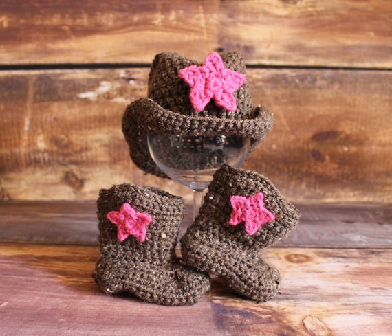 Cowgirl Hat and Boots With Removable Stars Baby Cowboy Hat Knit