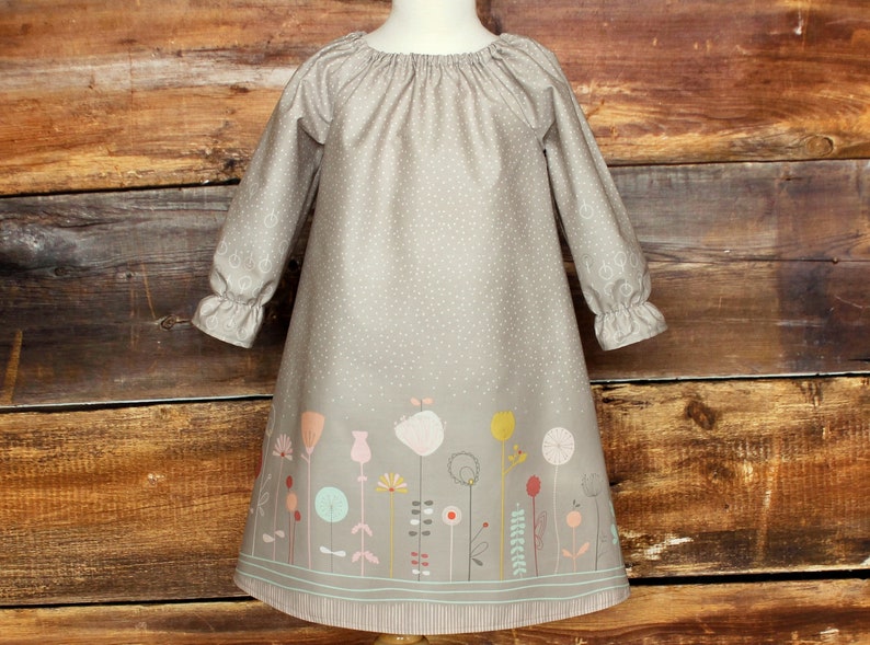 Gray Floral baby infant toddler child girls A-line dress Ready to Ship spring summer outfit pictures gray 4T5T Fall Peasant Dress