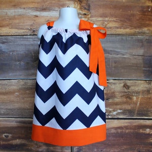 Navy Chevron Dress - Newborn baby toddler infant child girls Chicago Bears Edmonton Oilers Detroit Tigers pillowcase dress orange