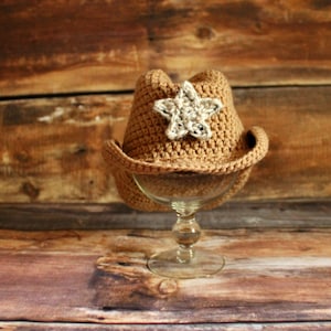 Tan Cowboy Hat  - Cowgirl Hat with Removable Star - newborn baby photo prop infant toddler child birthday gift tan brown beige knit hat