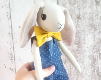 BERNARD- Bunny Doll, handmade rabbit cloth doll with dungarees and bow tie, dolls for boys, heirloom doll, decorative fabric doll
