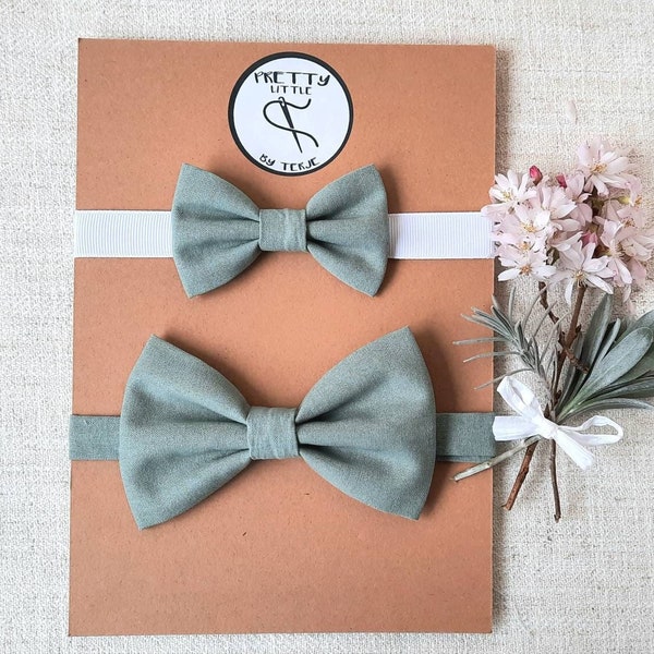 Sage Green cotton bow ties,  Father and Son bow tie set, Matching bow ties, First Father's Day, Dickie bow set, Spring Wedding outfit