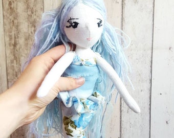 Serena - Mermaid cloth doll with blue hair,  fabric doll, textile doll, gift for a girl, collectable mermaid doll, interior doll, rag doll